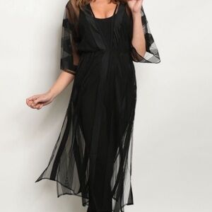 NWT FORE Sheer Black Striped V-Neck Cinched Waist Maxi Blouse